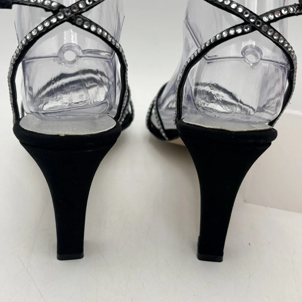 Onex Heels Womens 6.5M Black Rhinestone Strappy Sandals Slingback USA Formal